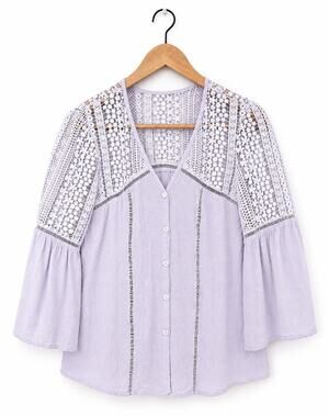 Womens Lavender Lace Crochet Boho Blouse Bell Sleeve Button Front Top S S Hippie